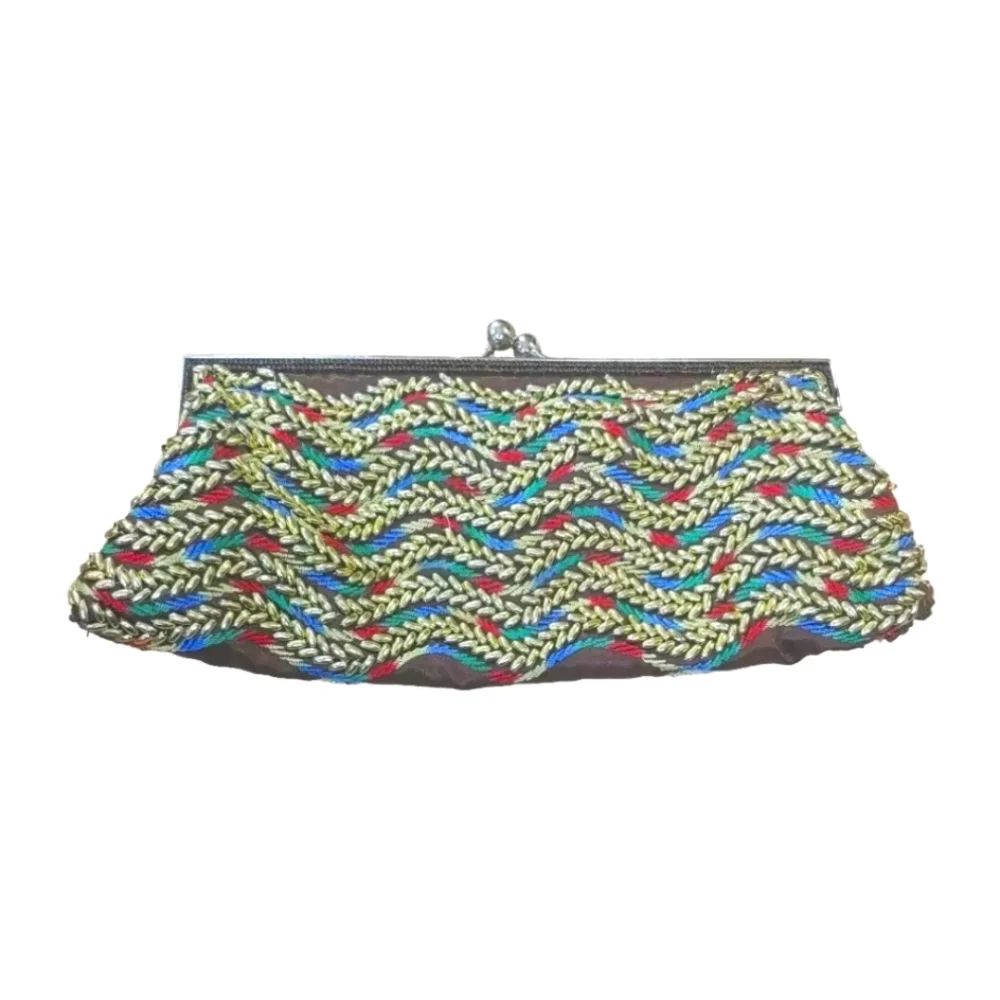 Cocktail Party Clutch Purse Beaded Rainbow Embroidered Silver Chain Strap Vtg